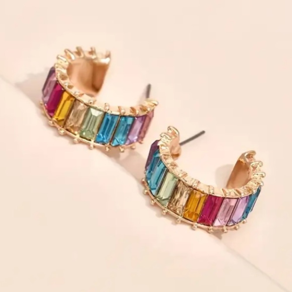 Rainbow Multicolor Crystal C Shape Hoops Stud Earrings - Picture 3 of 3